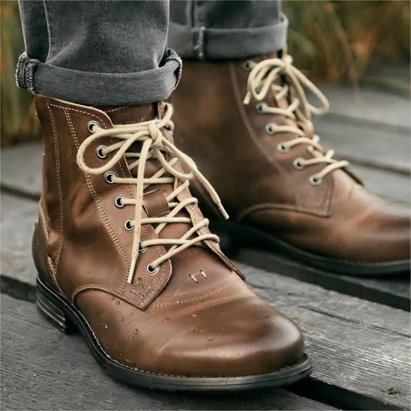 Men Cowboy Boots Retro Lace-up Martin Boot Round Toe Low Heel Shoes