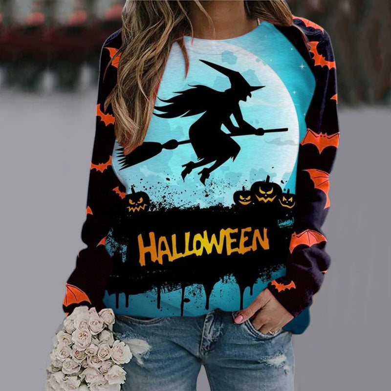 Halloween Cartoon Print Sweatshirt Long Sleeve Pullover Tops Women