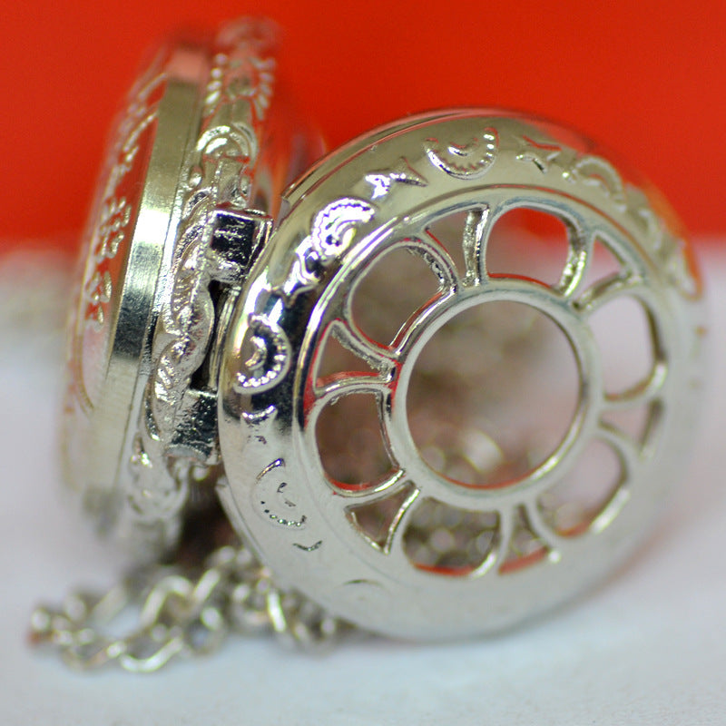 Small Quartz Pocket Watch Necklace Hollow-out Petals