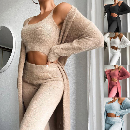 3pcs Womens Clothing  Fashion Solid Fluffy Plain Crop Top & Skinny Pants & Longline Coat Set Warm Cozy Suit Sets
