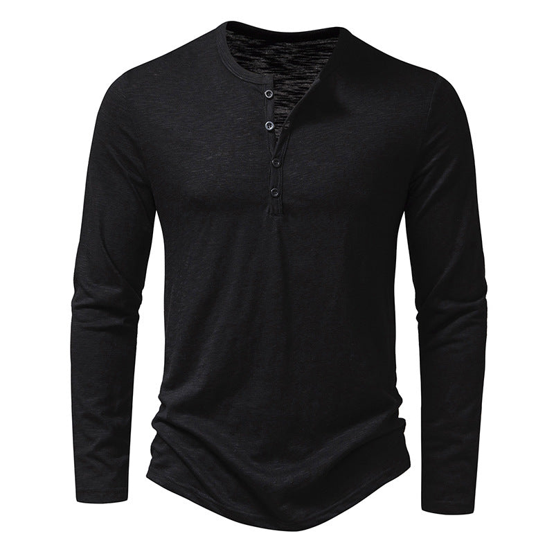 Men's Slub Cotton Henry Collar Long Sleeve Men Fashion Long Sleeve