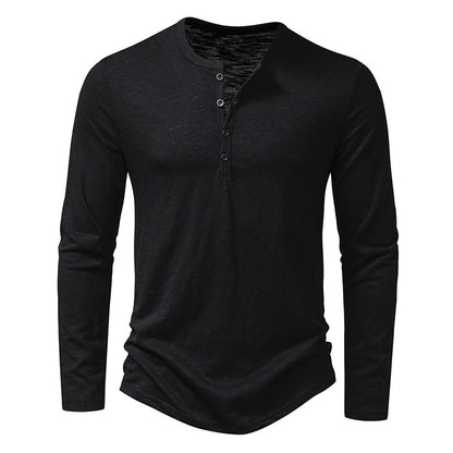 Men's Slub Cotton Henry Collar Long Sleeve Men Fashion Long Sleeve