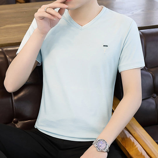Men's Summer Ice Silk Short Sleeve Trendy Base Shirt Men's Half Sleeve Clothes Fashion Brand Chicken Collar T-shirt