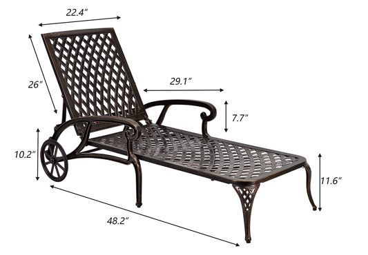 Cast Aluminum Outdoor Chaise Lounge Chair with Wheels, Tanning Chair with 3-Position Adjustable Backrest, Chaise Lounge Outdoor Reclining Chair Pool Chairs