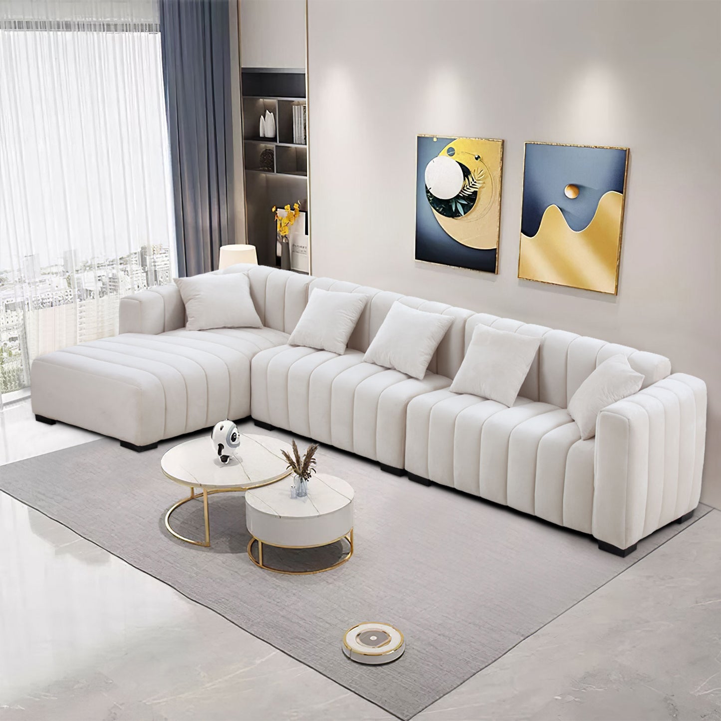 139&#039;&#039; Channel Tufted Sofa Velvet Upholstered Left Chaise Modular Sofa  beige