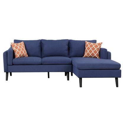 84.65&quot; Modern Upholstered L-Shape Sofa Couch with Chaise and 2 Pillows,3-Seater Couch with rubber wood legs for Living Room,Apartment,Small Space,Blue
